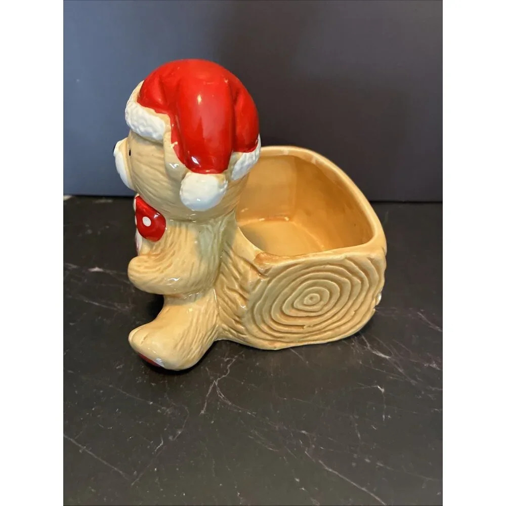 Vintage Ceramic Teddy Bear Merry Christmas Planter Candy Dish Decor